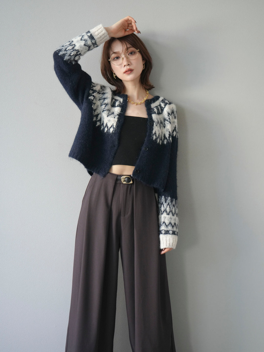 【着回しセット】[SET]求心柄クロップドニットカーディガン+ミックスヤーンペイズリー柄ニットカーディガン+ベルトループデザインワイドパンツ(3set)