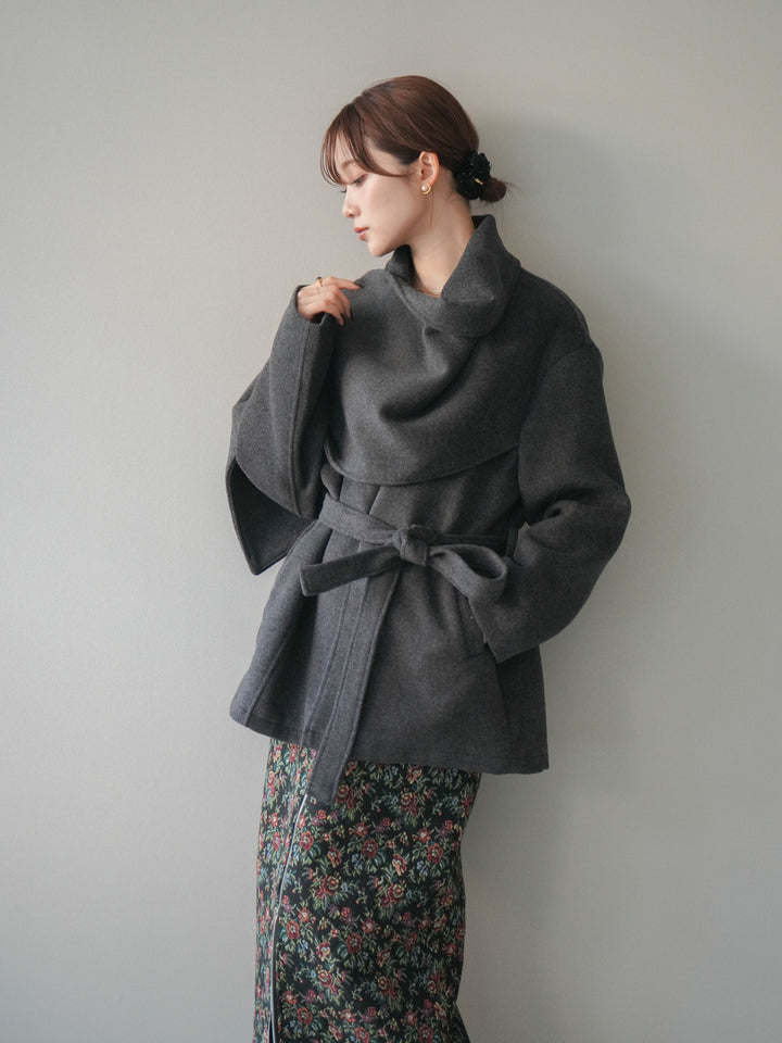 [予約]ストールデザインショートコート/charcoal