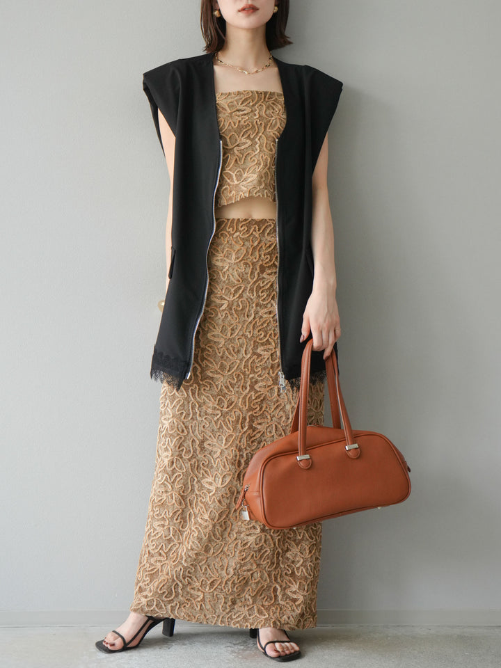 [預購] 雙拉鍊蕾絲下擺背心/黑色