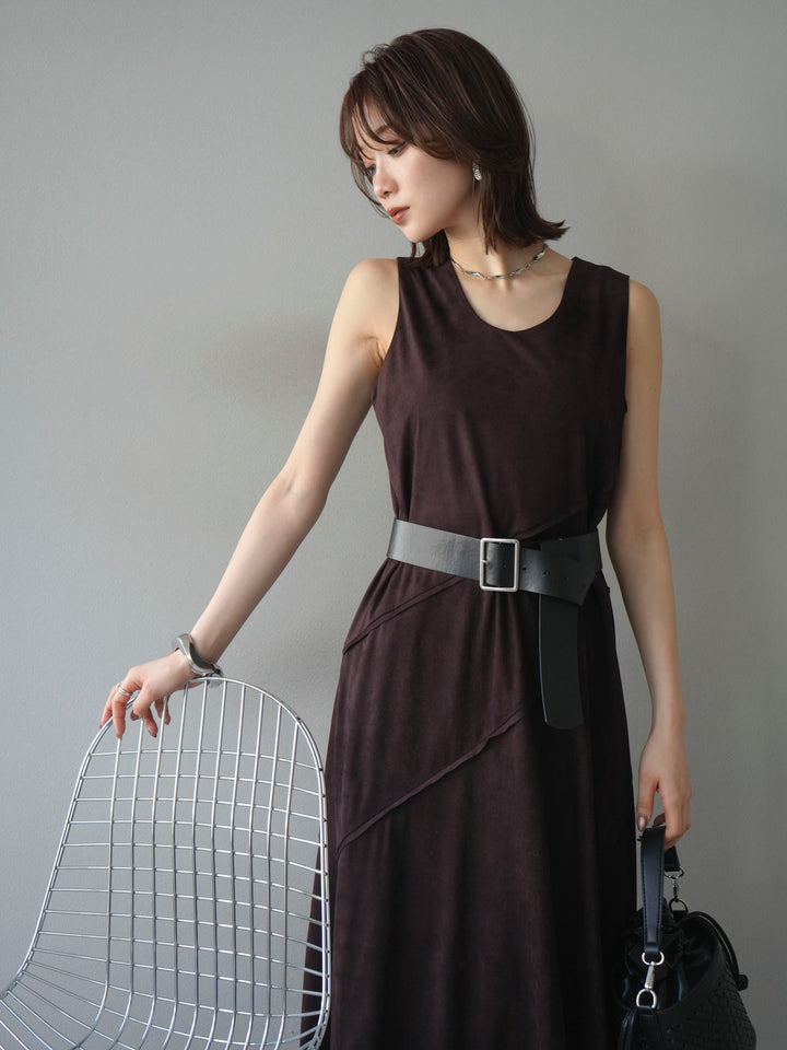 [予約]スエードアウトシームデザインベルト付ワンピース/bordeaux