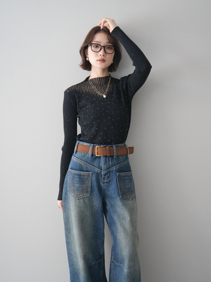 [予約]シアー切替スパンコールリブニットトップス/black