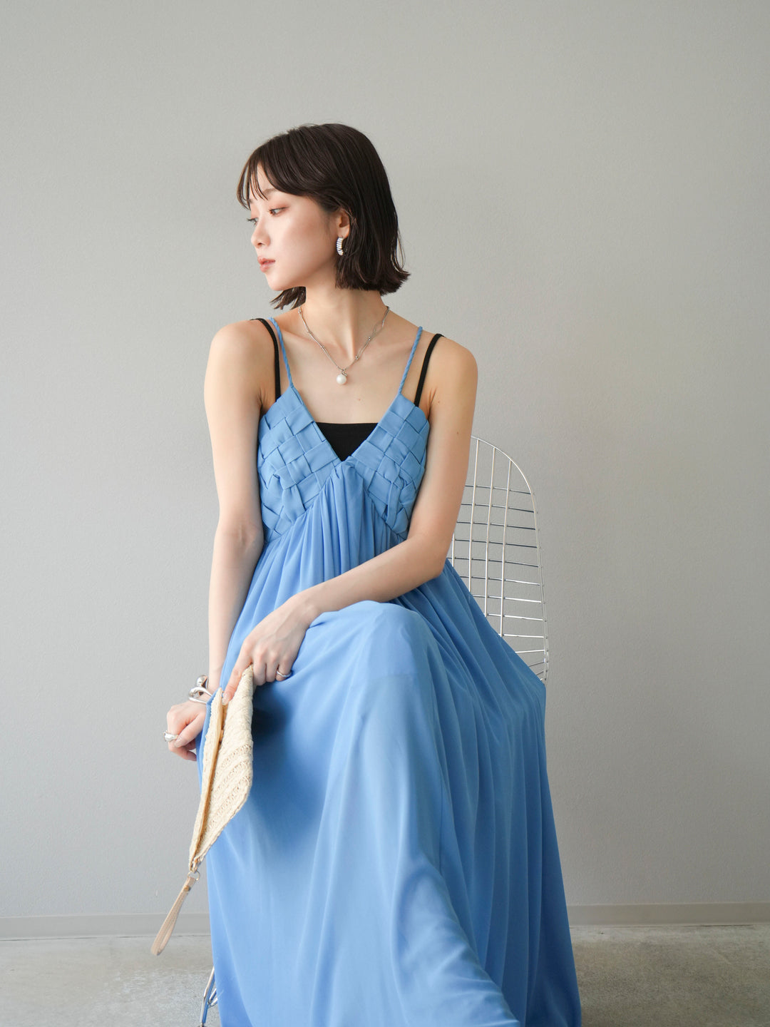 [SET]編み込みデザインシフォンワンピース+カップ付テレコリブベアキャミソール(2set)