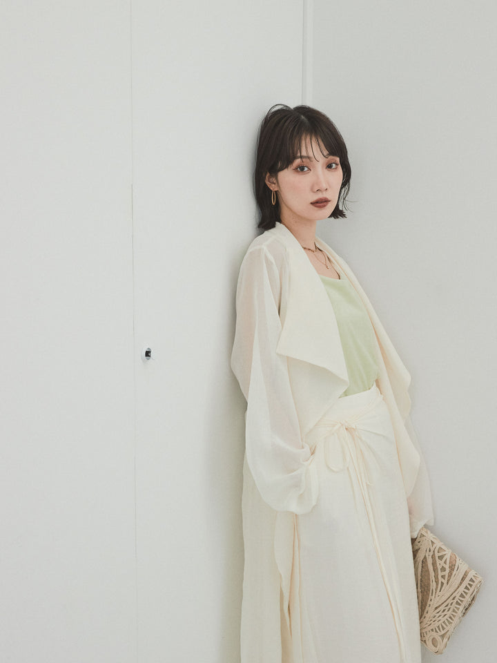 [SET] 方形天鵝絨背心 + 水洗緞層疊裙褲 + 透視長外套 (3 件套)