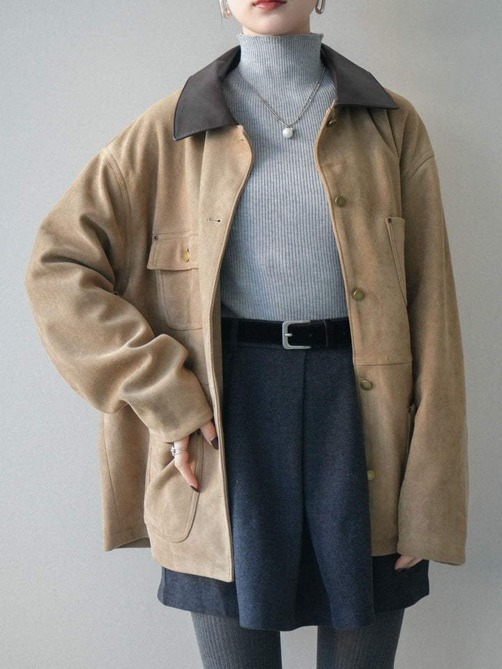 [SET]襟レザーステンカラースエードジャケット+袖ボタンボトルネックリブニットトップス(2set)