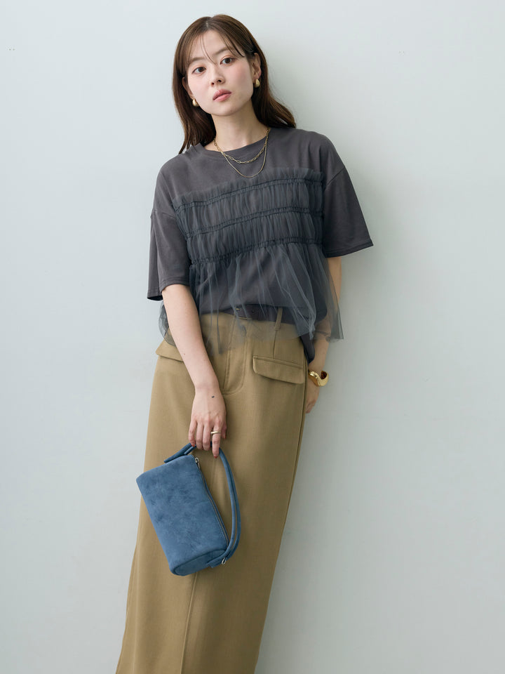 [SET]ギャザーチュールドッキングTEE+クレープデシンフラップ付きストレートスカート(2set)