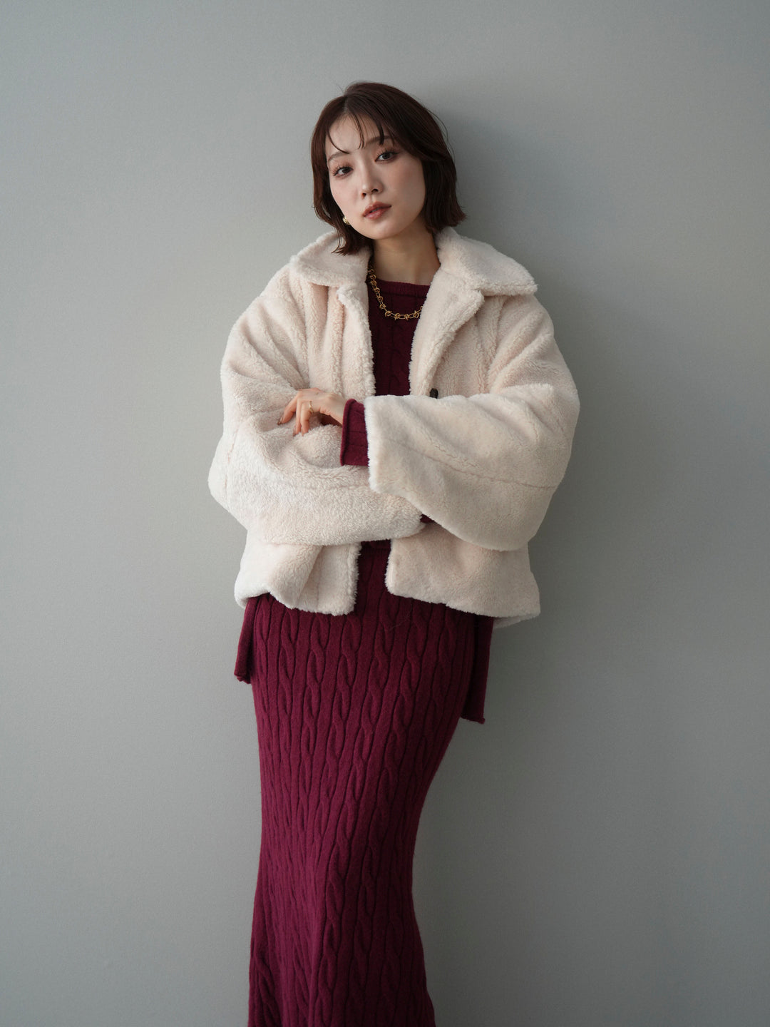 [SET]エコファーステンカラージャケット+ストール付ケーブルニットプルオーバー&ロングスカートSET UP(2set)
