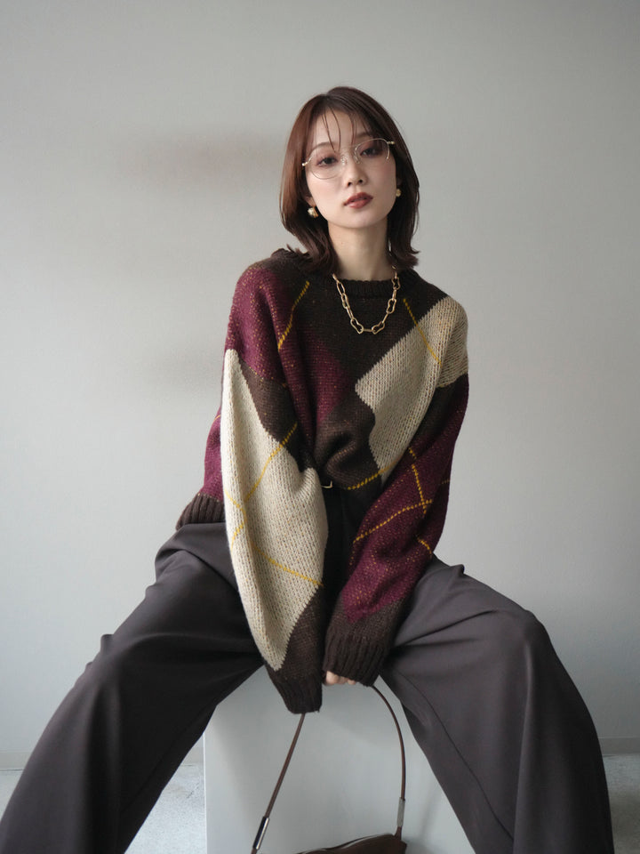 [予約]配色ステッチアーガイル柄ニットプルオーバー/brown
