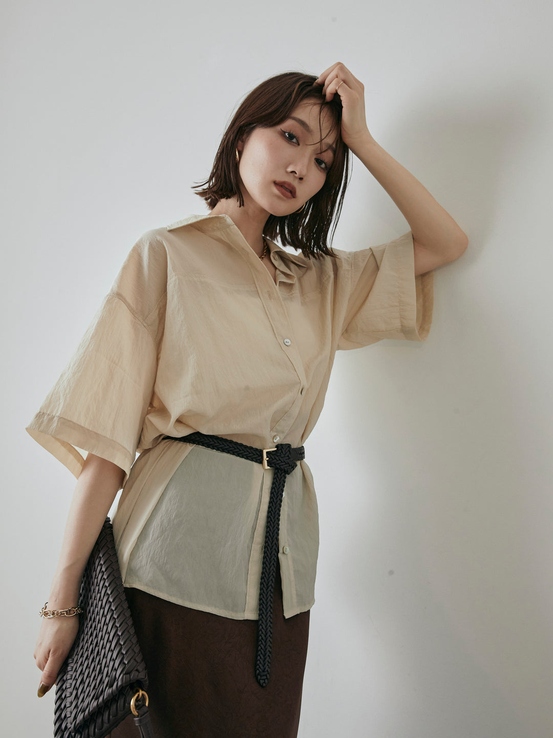 【預購】2WAY尼龍墊圈半身襯衫/奶油色