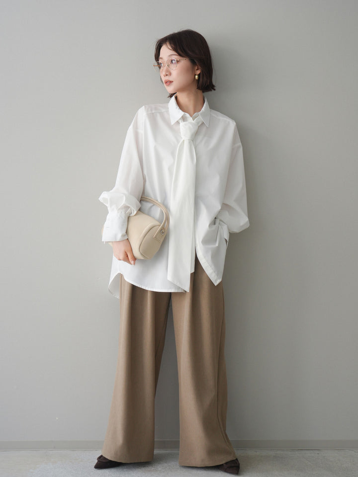 [予約]サテンベルトタックワイドパンツ/beige