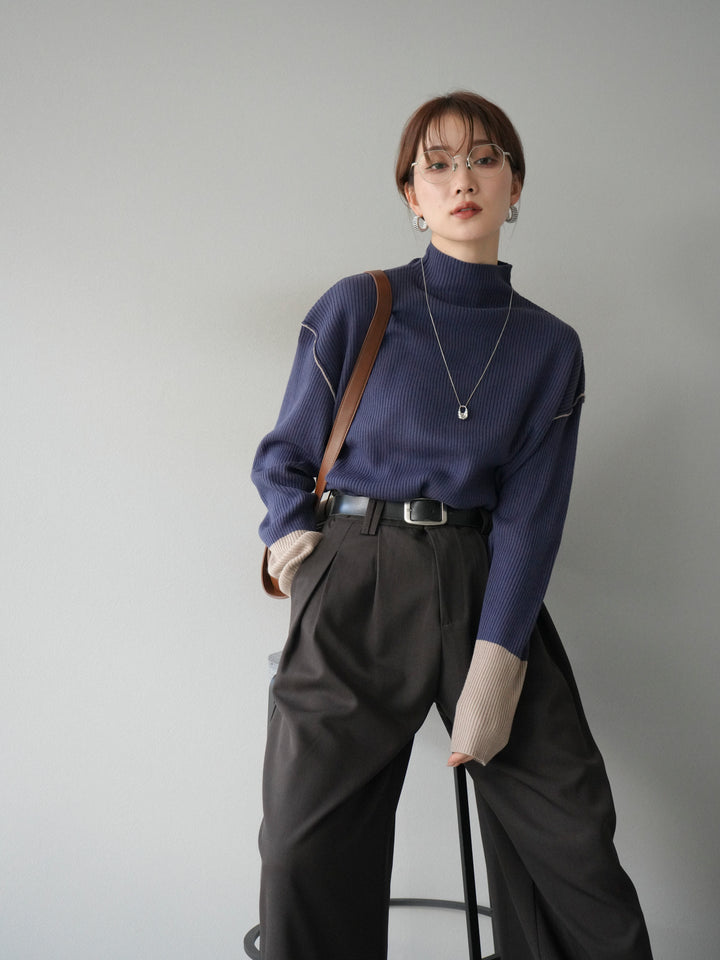 [予約]ボトルネック配色リブニットプルオーバー/アイアンブルー×ベージュ