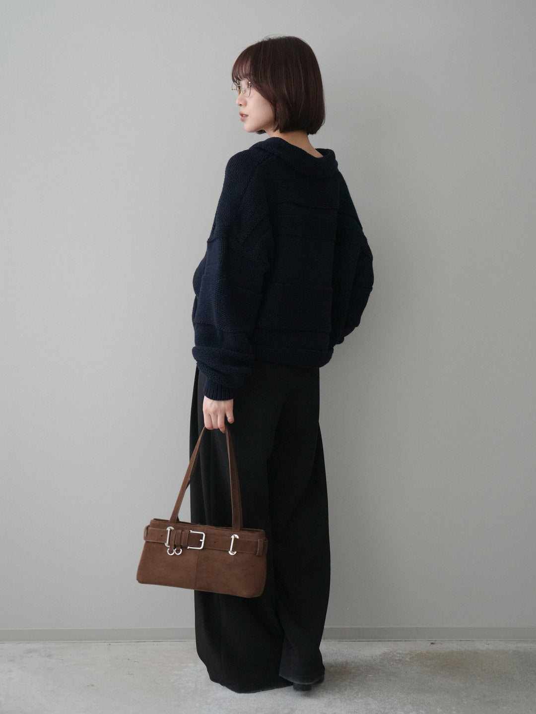 [SET]襟付きボーダー編みニットプルオーバー+ベルトループデザインワイドパンツ(2set)