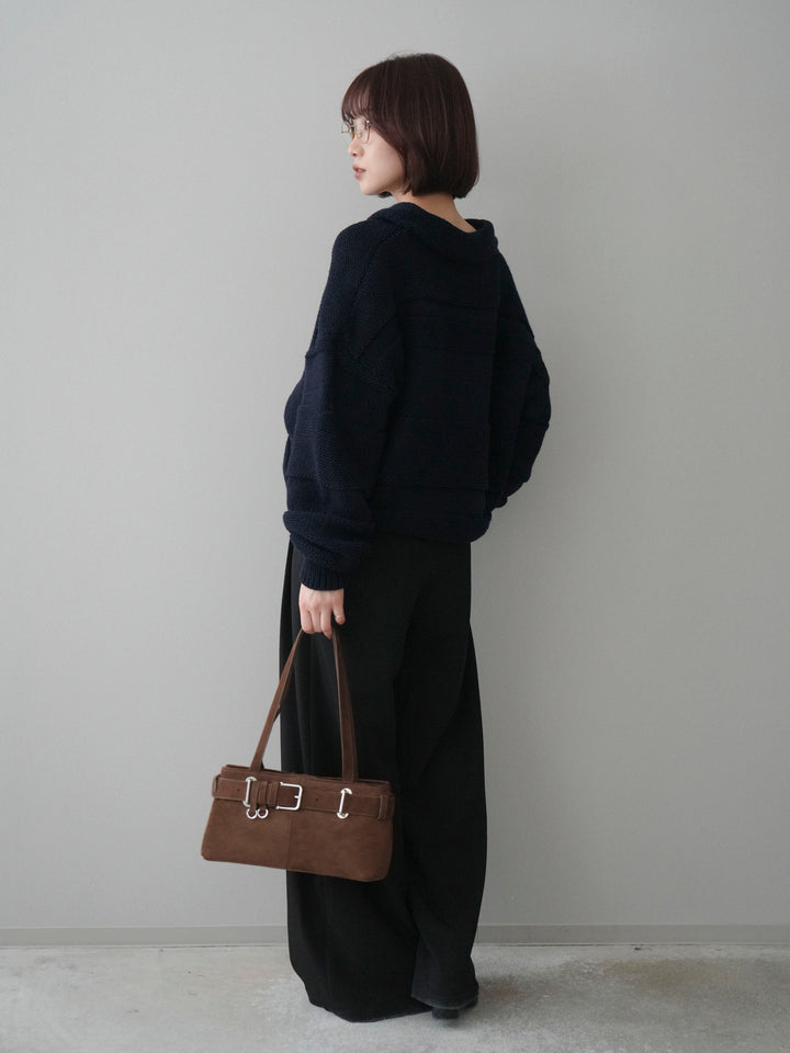 [SET]襟付きボーダー編みニットプルオーバー+ベルトループデザインワイドパンツ(2set)