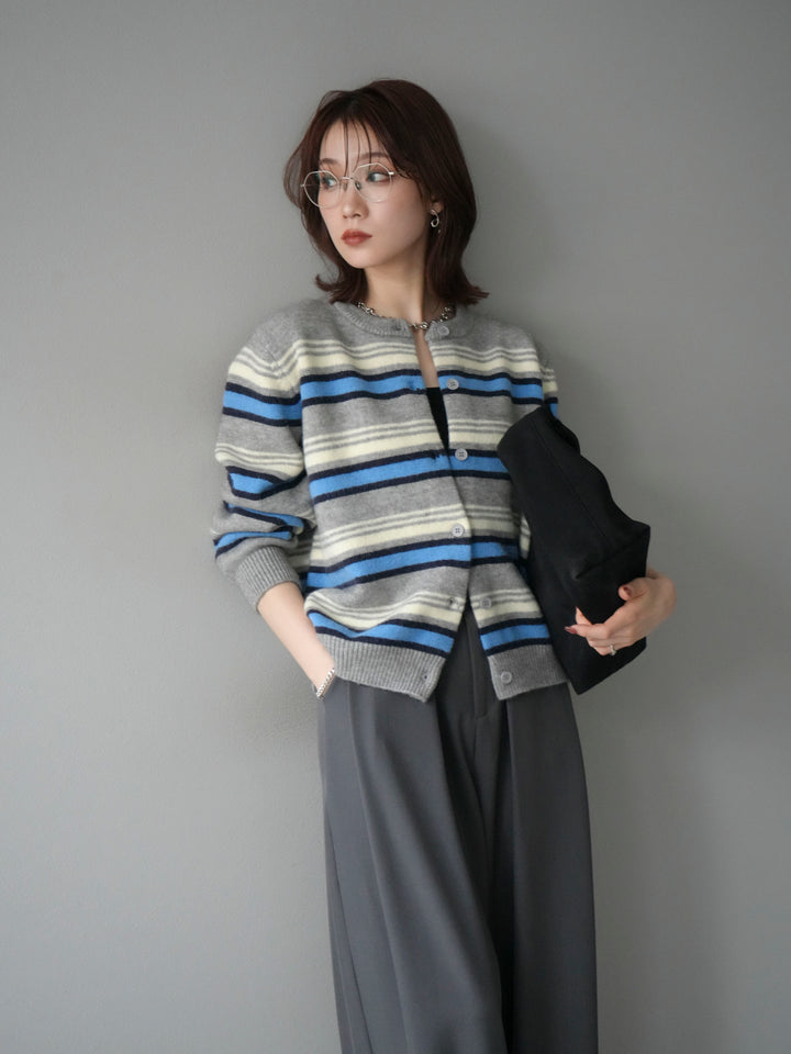 [SET]マルチボーダーニットカーディガン+ベルトループデザインワイドパンツ(2set)