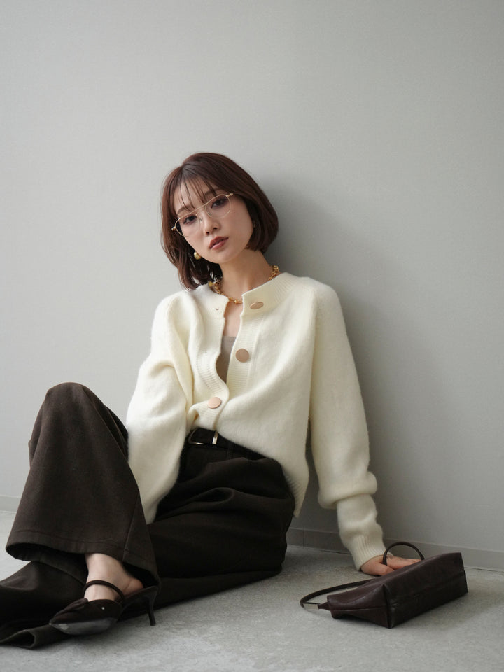 [SET]BIGボタンニットカーディガン+アニマル柄ベルト付きウールタッチワイドパンツ(2set)