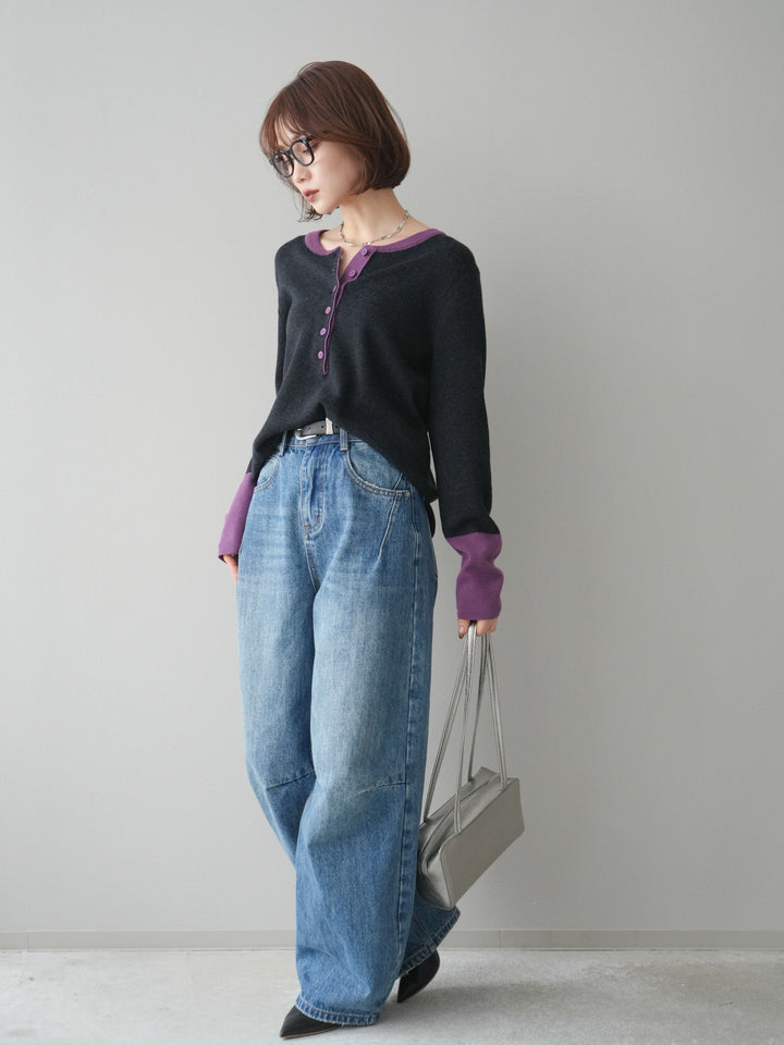 [SET]ヘンリーネック配色ニットソー+ベルト付3Dカーブワイドデニムパンツ(2set)