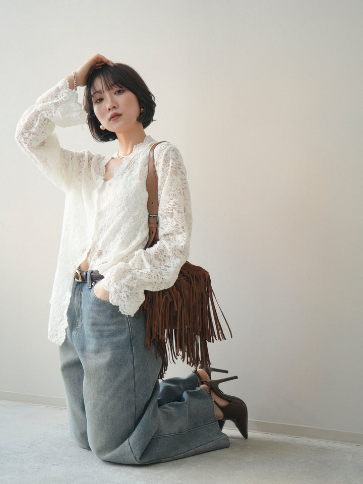 [SET]Vネックレースブラウス+裏起毛カットオフカーブデニムパンツ(2set)