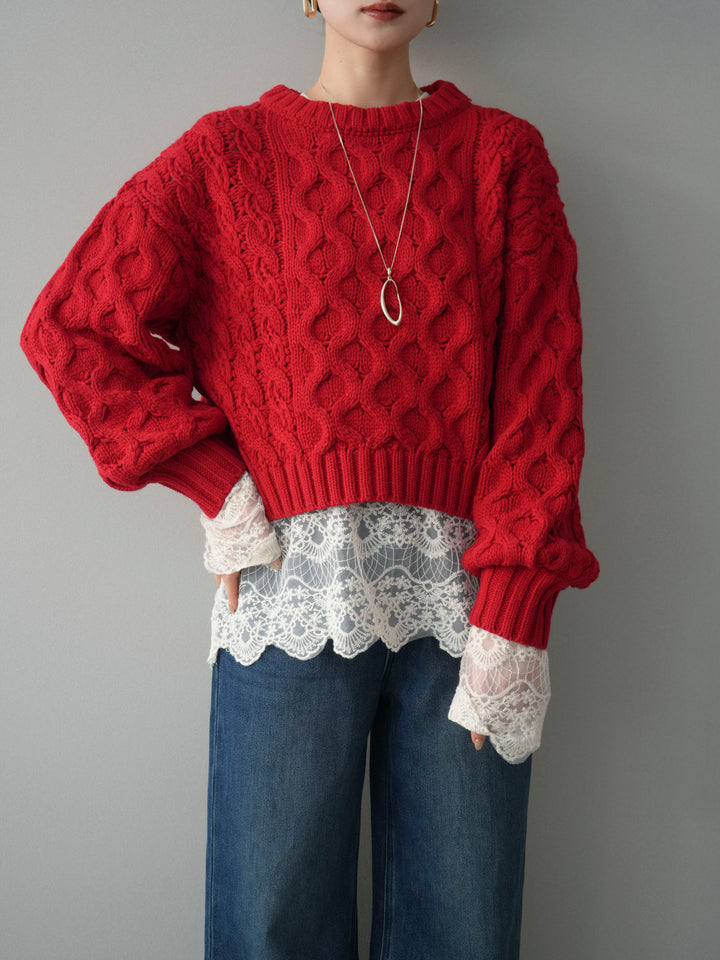 【着回しセット】[SET]バルキーケーブルクロップドニットプルオーバー+アンゴラタッチクルーネックニットプルオーバー+チュールレーストップス(3set)