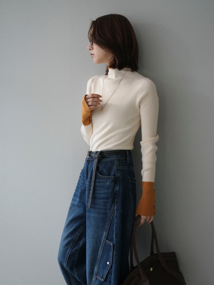 [SET]袖ボタンハイネック配色リブニットトップス+袖ボタンハイネック配色リブニットトップス(2set)