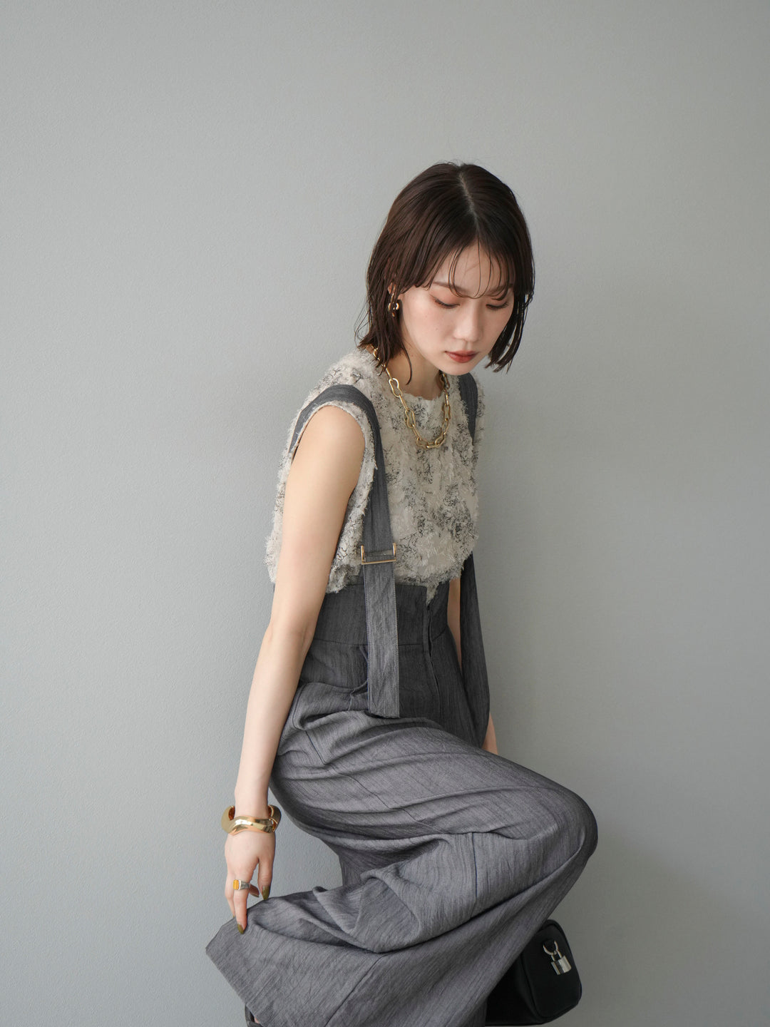 [予約]ストリングデザインハイウエストサロペット/チャコール