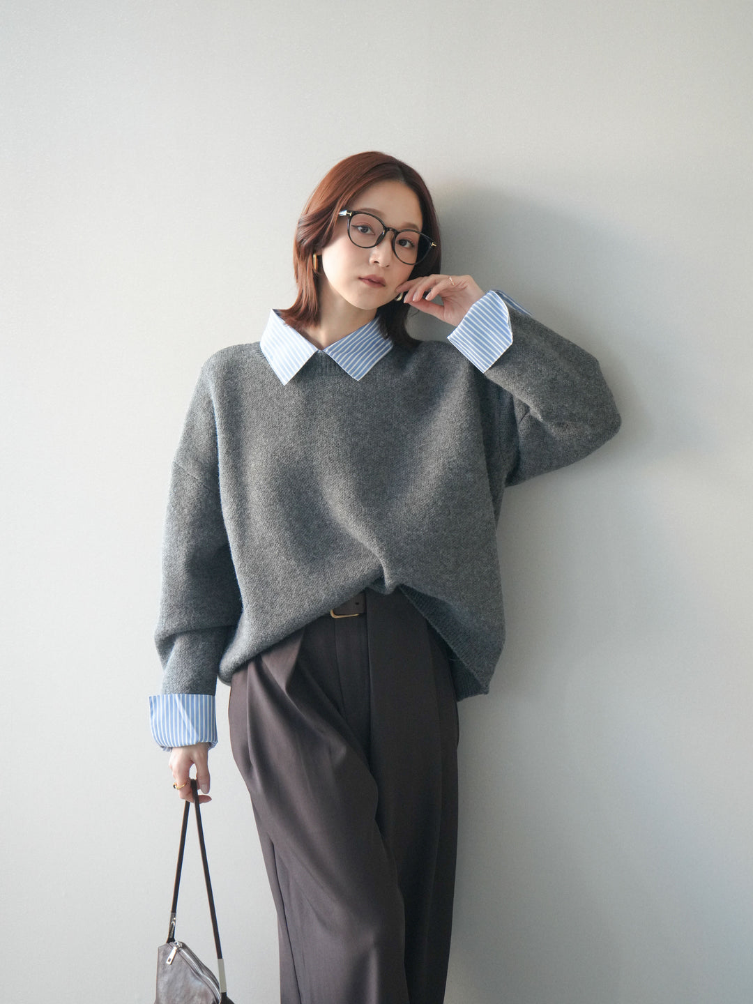 [SET]2WAYストライプ襟ニットプルオーバー+ベルトループデザインワイドパンツ(2set)