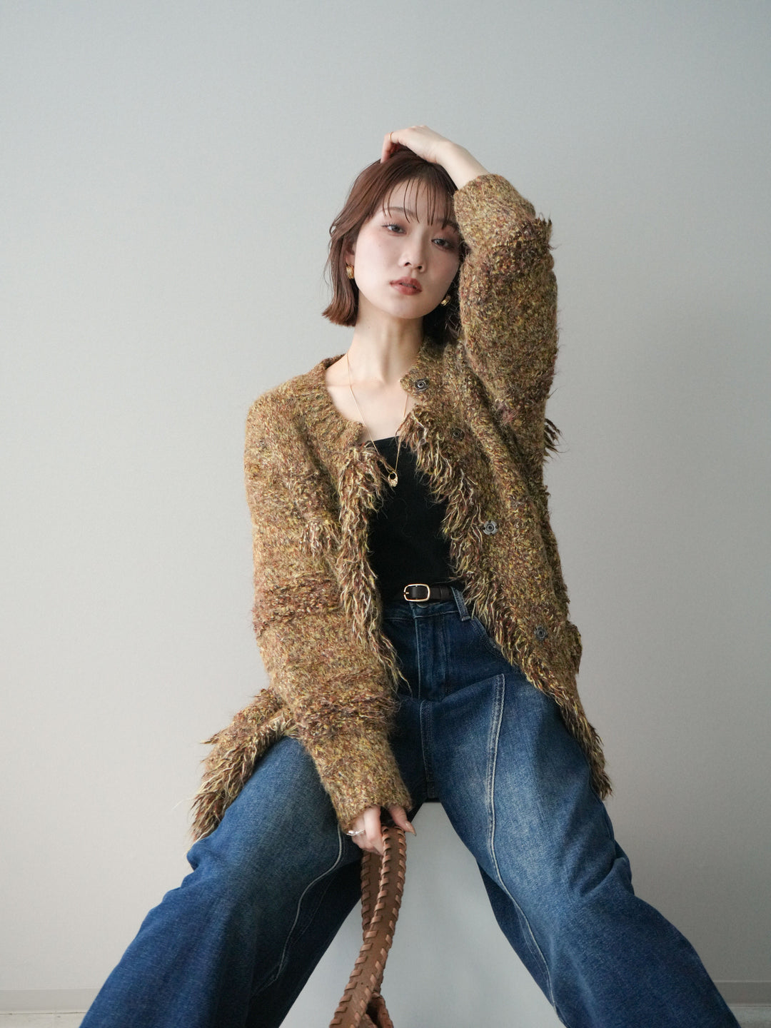 [SET]ミックスヤーンフリンジデザインニットジャケット+裏起毛加工デニムカーブパンツ(2set)