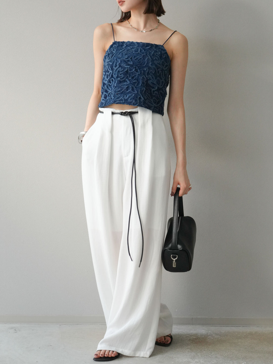 [予約]ロープデザインベルトリネンタッチワイドパンツ/オフ