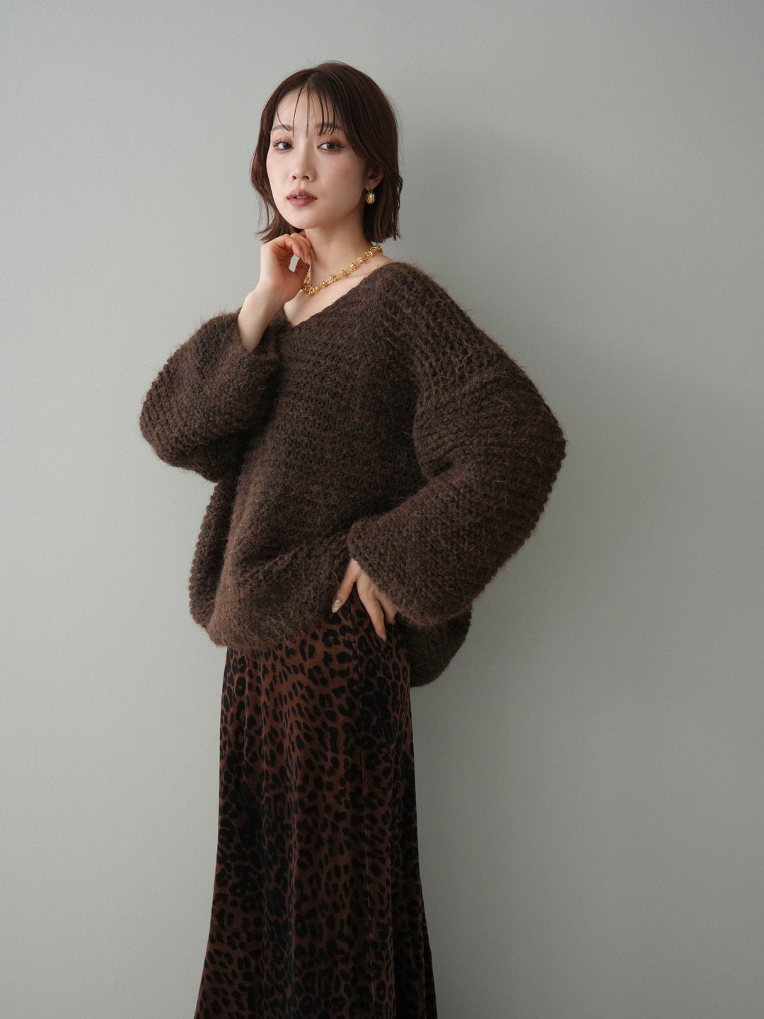 [予約]ワッフル編みシャギーニットプルオーバー/brown