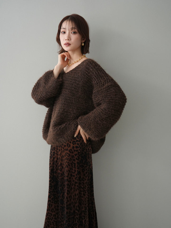 [予約]ワッフル編みシャギーニットプルオーバー/brown