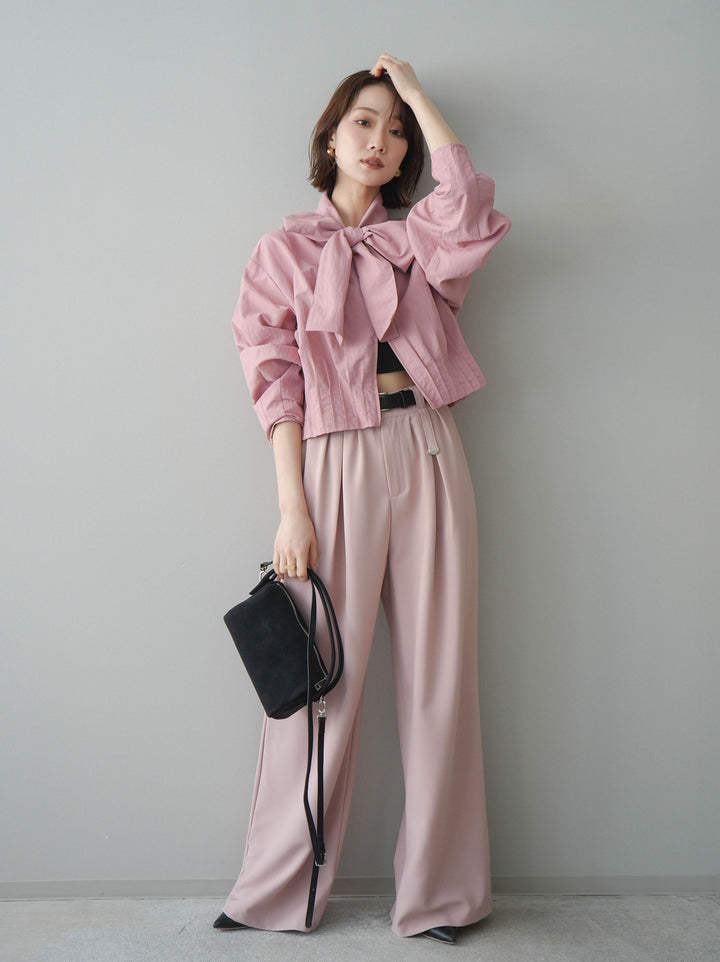 [SET]ボウタイ裾プリーツライトジャケット+ベルト付キーホルダーモチーフワイドパンツ(2set)