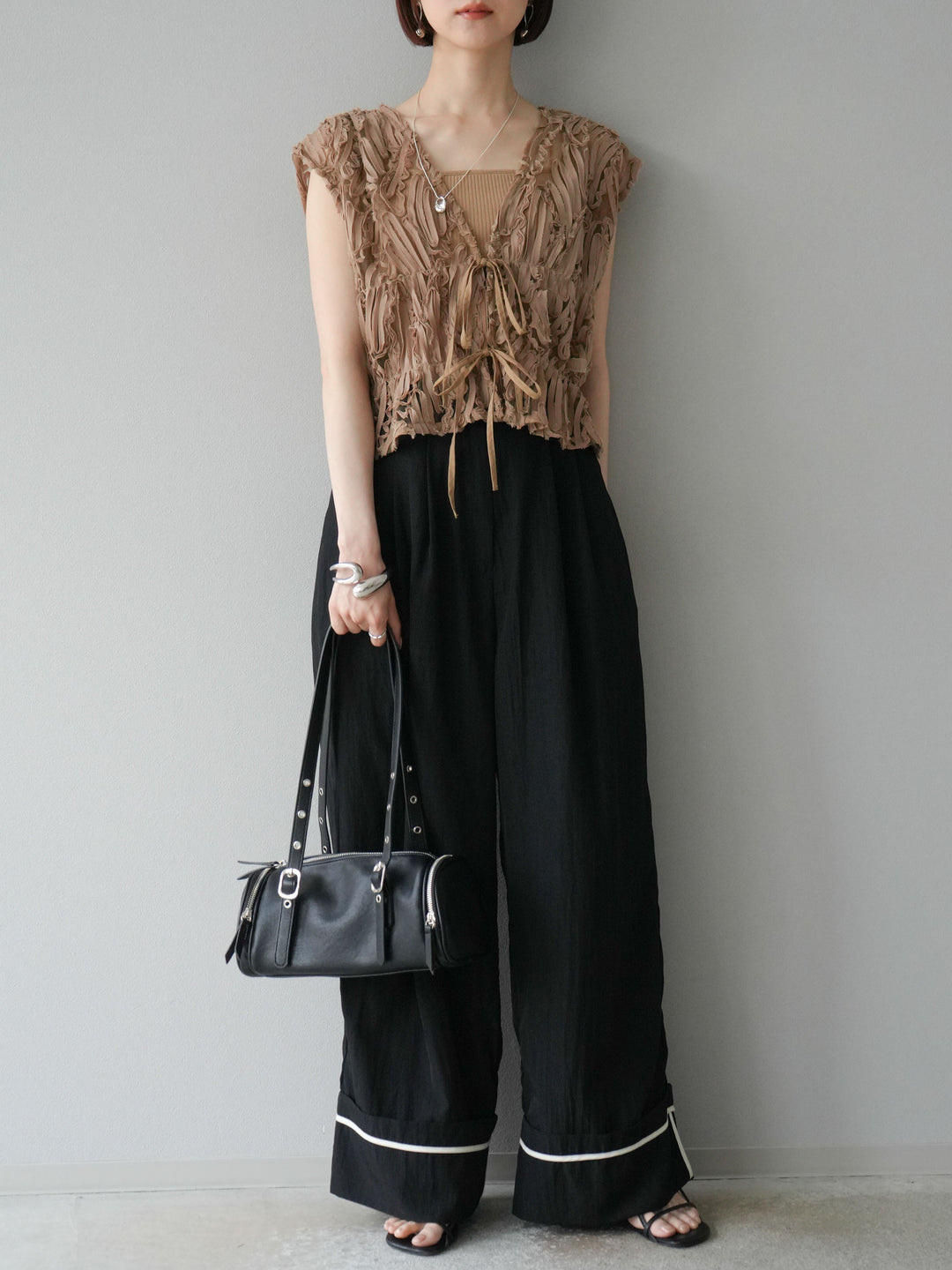 [予約]ジャガードレースリボントップス/ベージュ