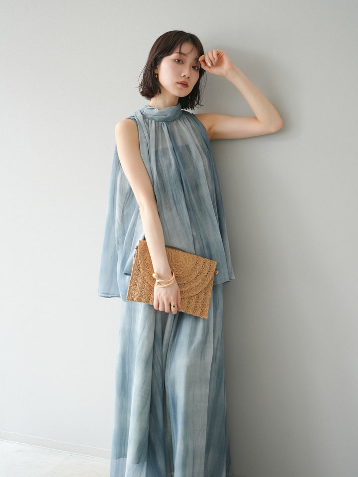 [SET]ニュアンスシアーホルターネックブラウス+ニュアンスシアーフレアスカート(2set)