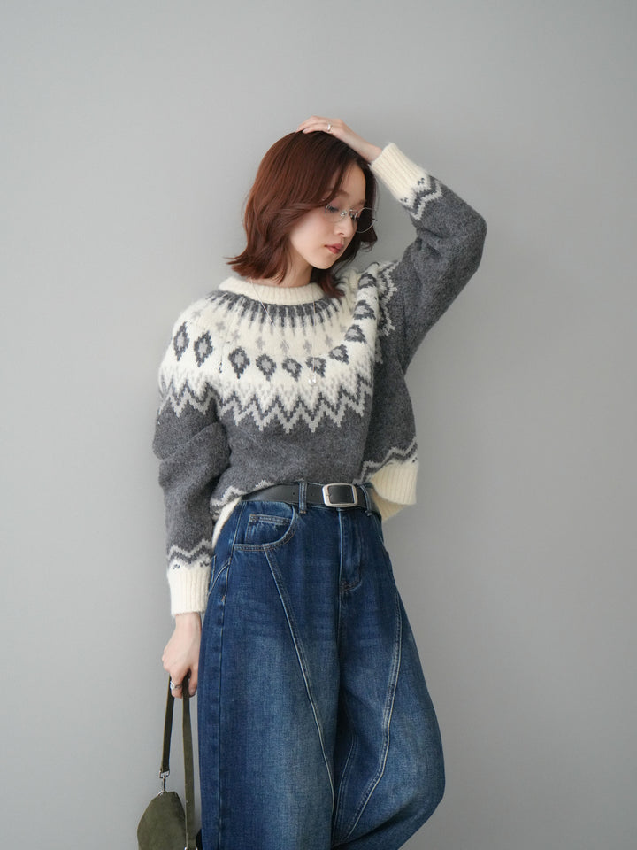 [予約]ノルディック柄ニットプルオーバー/gray