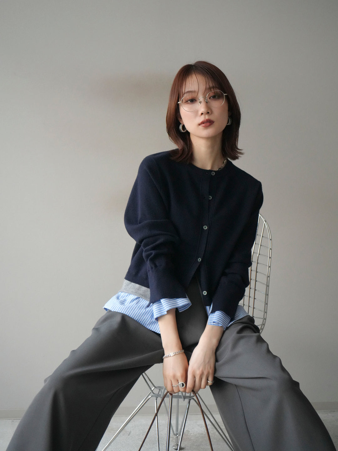 [予約]シャツ襟レイヤードニットカーディガン/navy