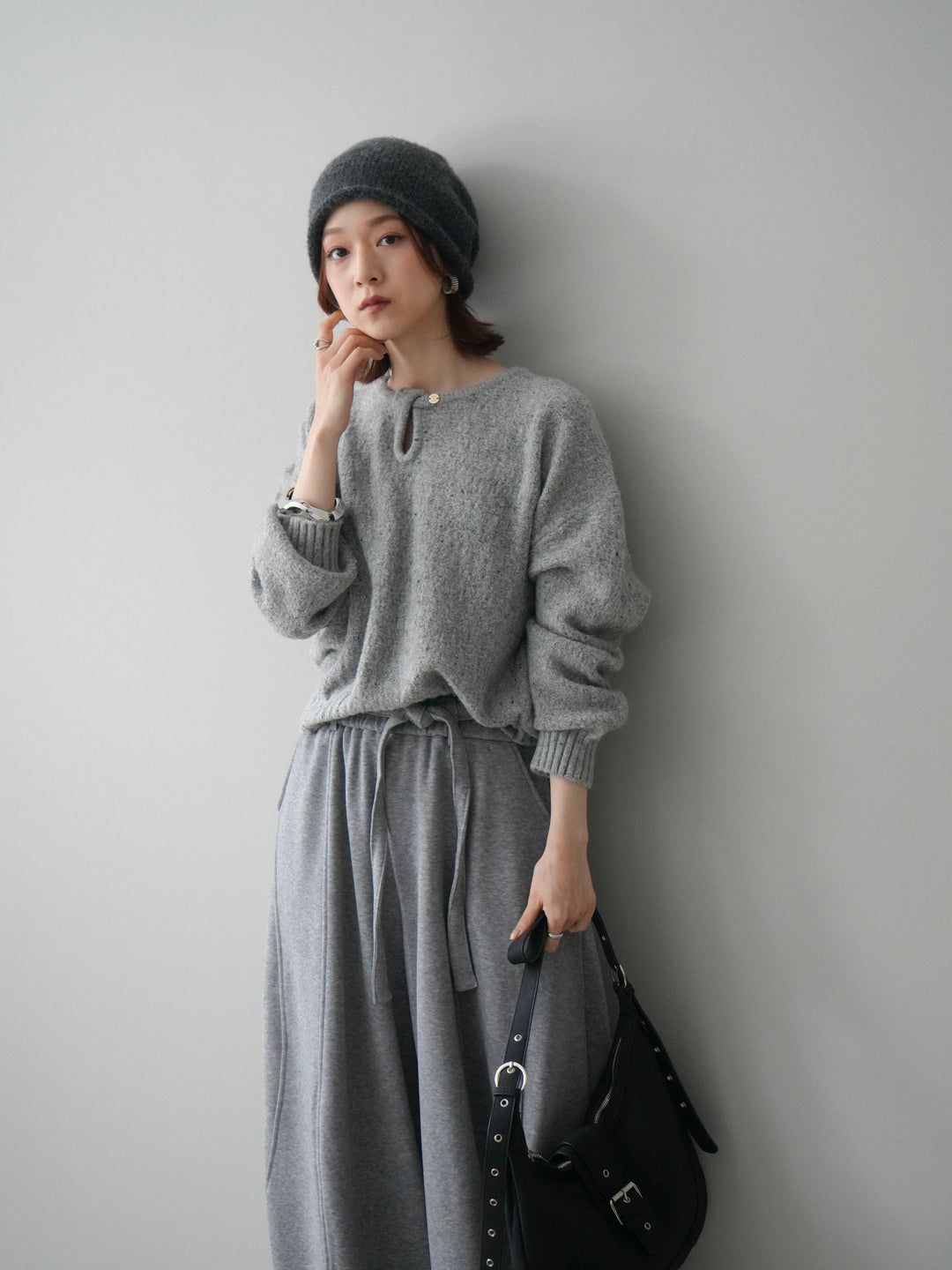 [予約]ツイストネックラメネップヤーンニットプルオーバー/gray