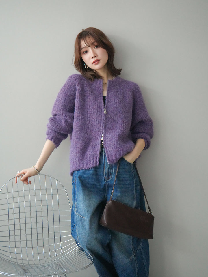 [予約]MIXヤーンモヘアタッチZIPニットカーディガン/purple