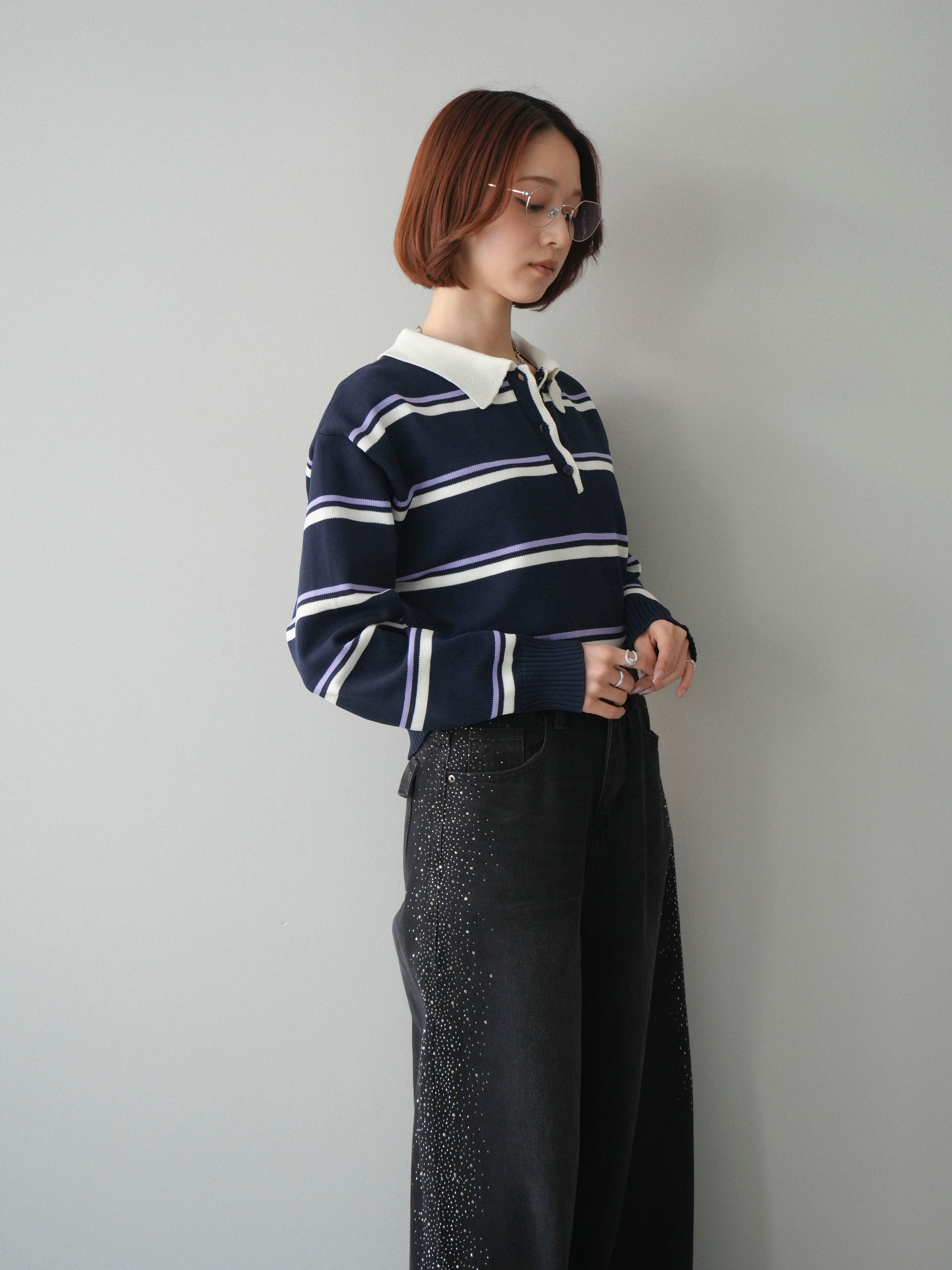 予約]マルチボーダーポロニットトップス/navy – Lumier
