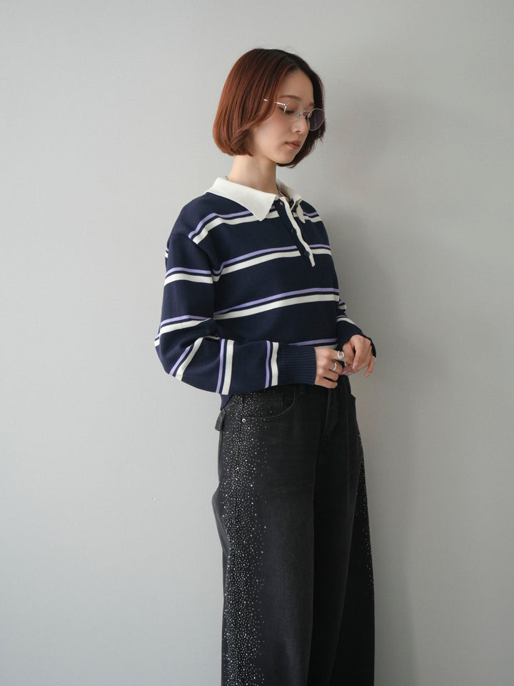 [予約]マルチボーダーポロニットトップス/navy