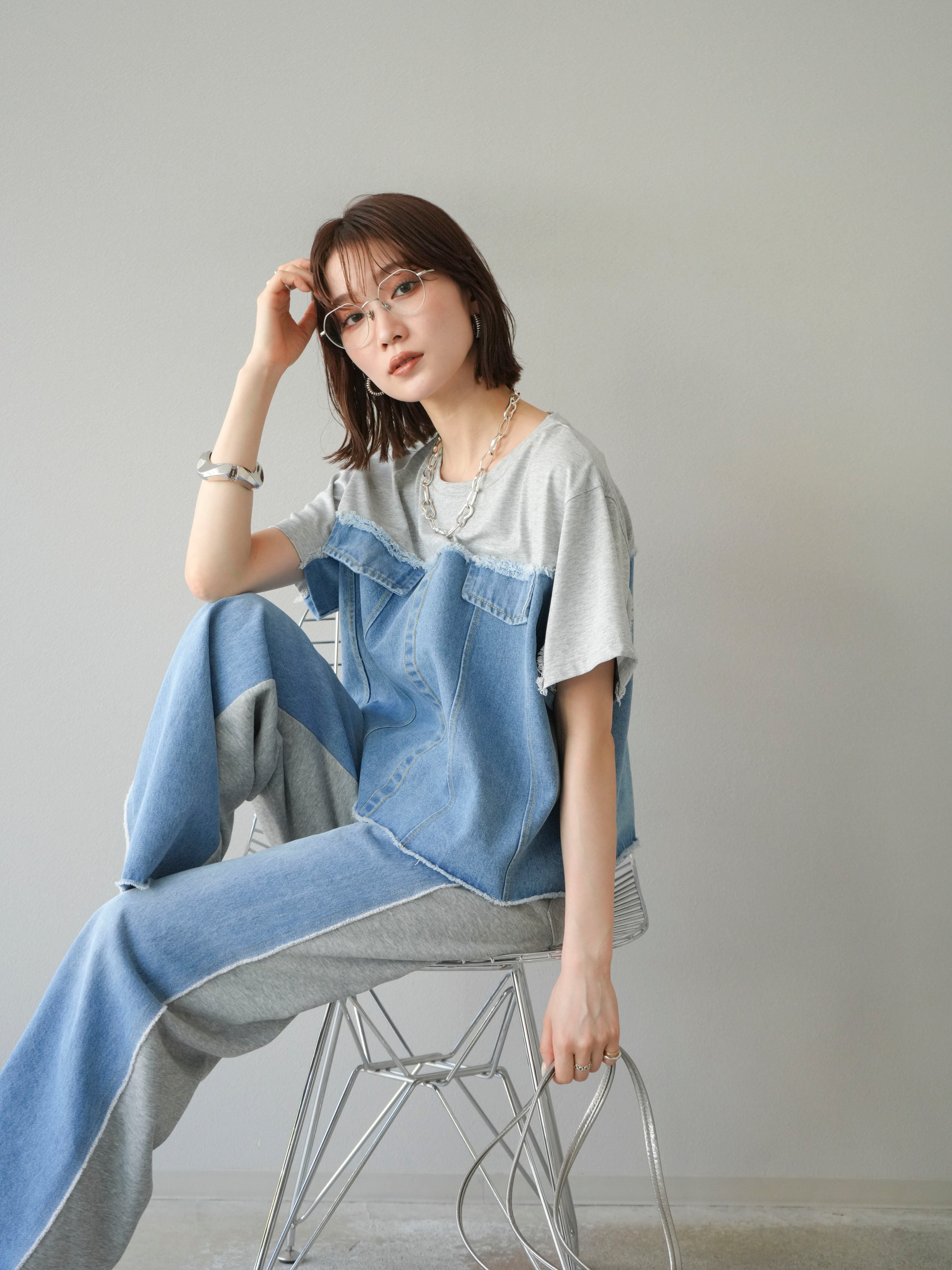 SET]デニムドッキングTシャツ+デニムドッキングスウェットパンツ(2set