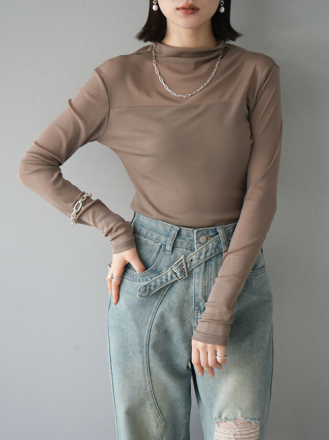 [SET]シアー切替ストレッチ長袖トップス+シアー切替ストレッチトップス(2set)