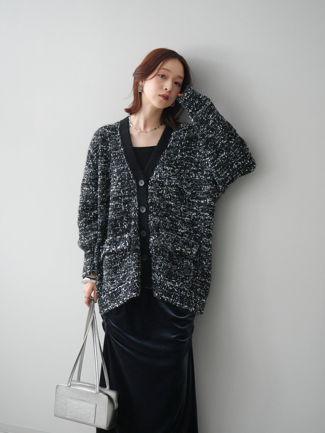 [SET]モールネップニットカーディガン+ギャザーベロアスカート(2set)