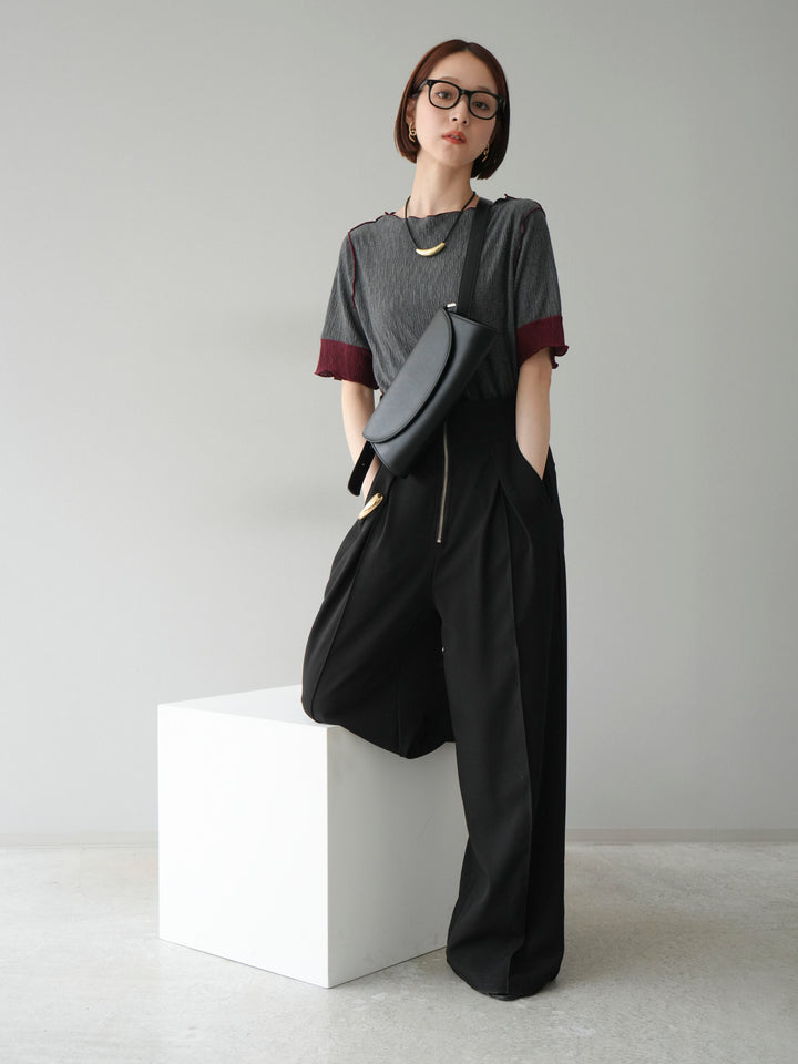 [SET] 百褶同色船領套頭衫 + 拉鍊褶襉寬褲 (2 套)