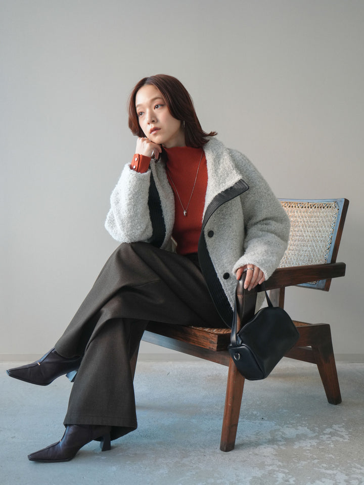 [SET]レザー切替ブークレブルゾン+袖ボタンボトルネックリブニットトップス+アニマル柄ベルト付きウールタッチワイドパンツ(3set)