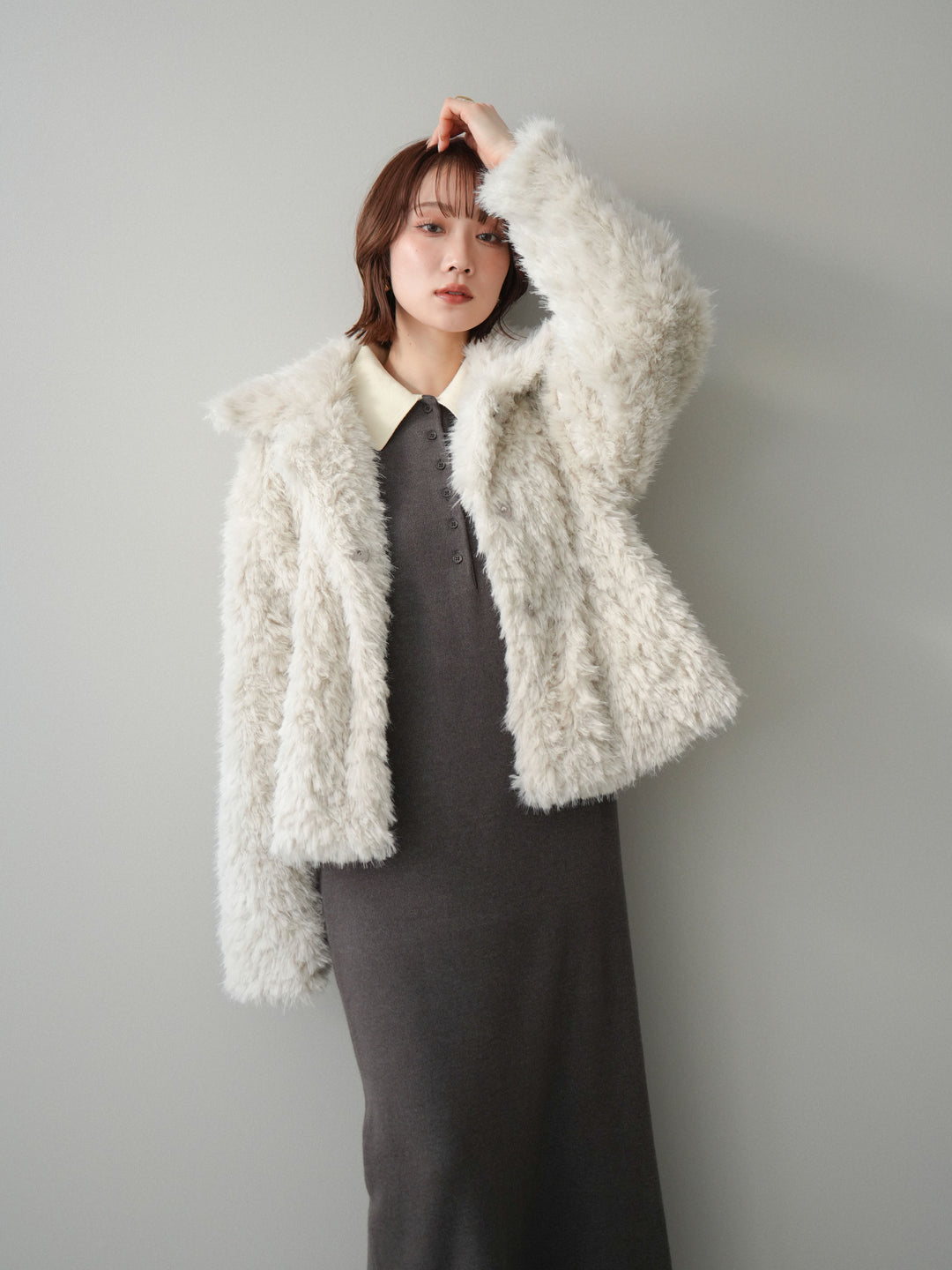 [予約]配色ポロニットワンピース/charcoal