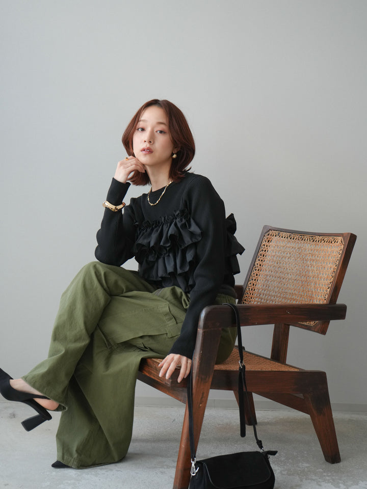 [SET]フリルビスチェドッキングスポンジニットプルオーバー+コットンタックループパンツ(2set)