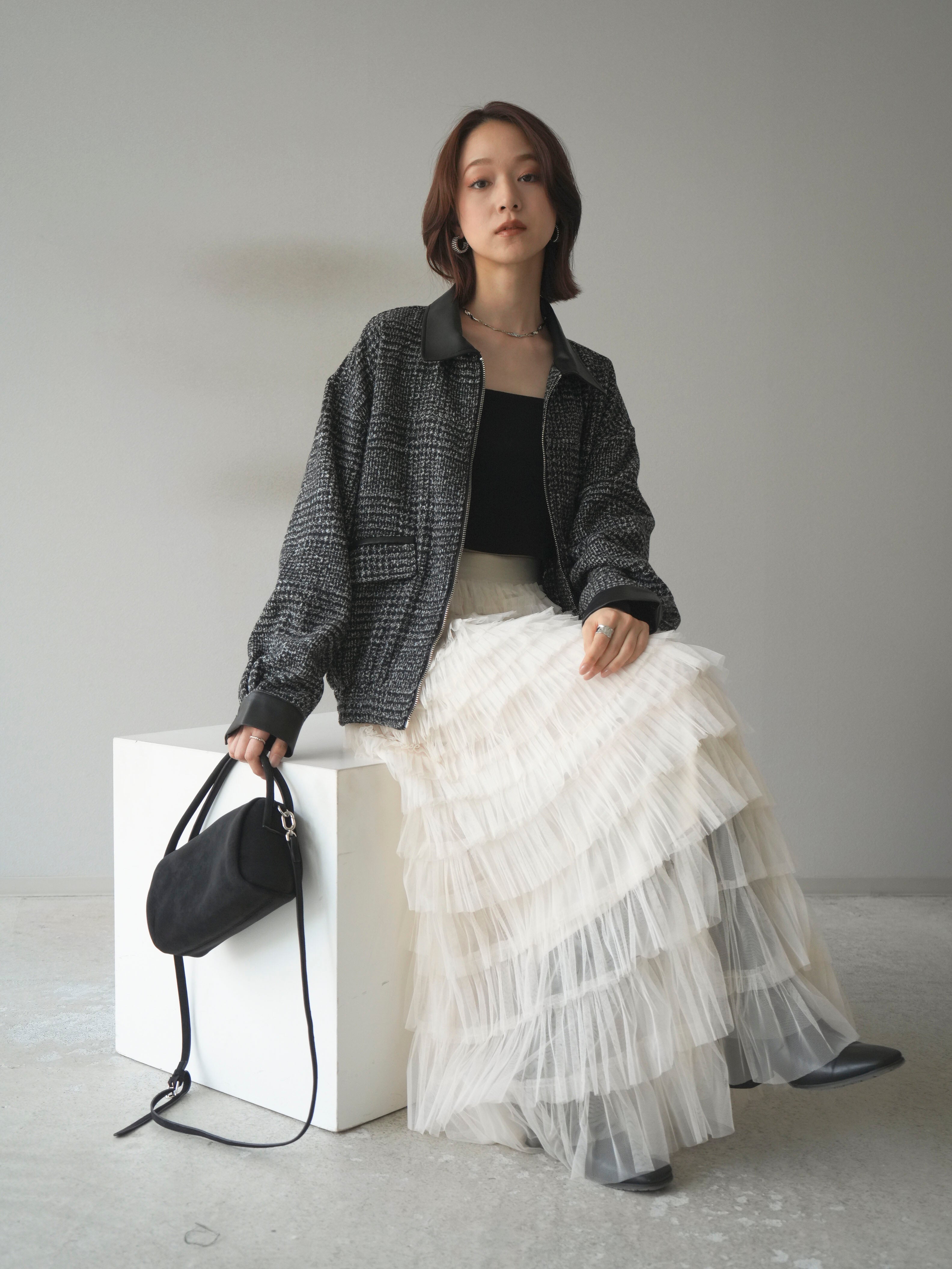 予約]レザー襟ミックスツイードジャケット/black – Lumier