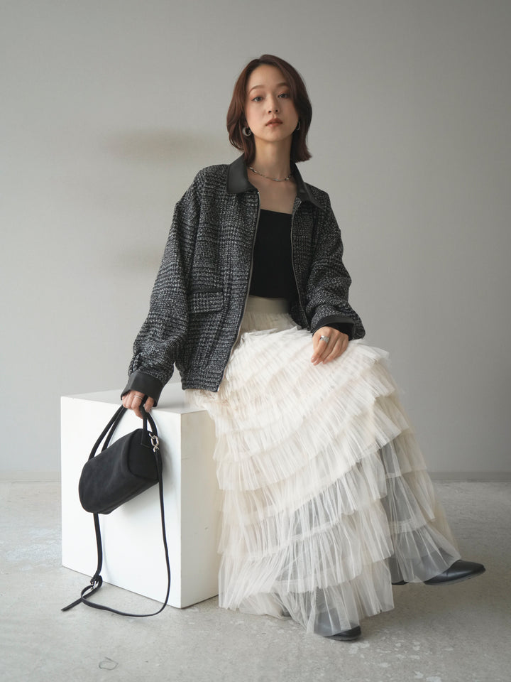 [予約]レザー襟ミックスツイードジャケット/black