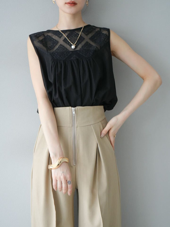[予約]インド製コットンレース切替ノースリブラウス/ブラック