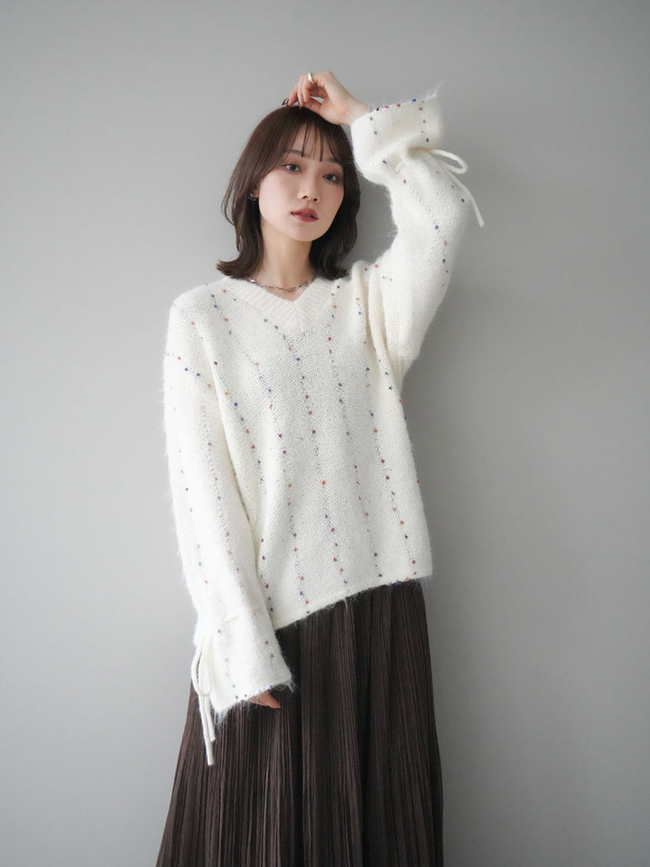 [予約]キャンディースリーブカラーネップスパンコールニットプルオーバー/white