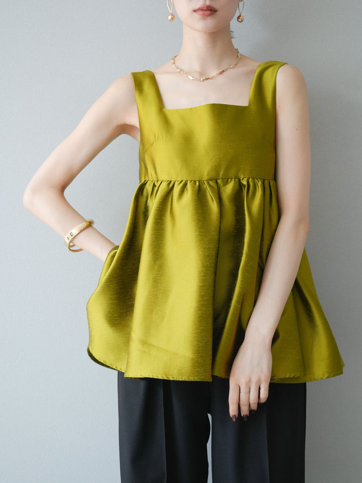 [予約]サテンフレアノースリーブトップス/グリーン