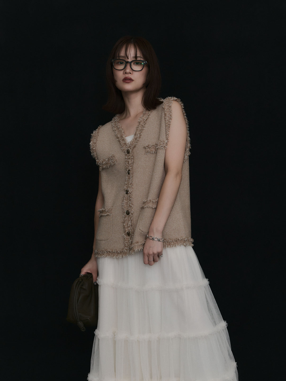 【Allure】[SET]アンティークボタンツイードフリンジニットベスト+チュールティアードフレアスカート(2set)